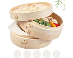 Bamboestoommandje 20 cm 2-laags Stomer voor Rijst, Dim Sum, Groenten, Vis en Vlees - Dumpling Maker met Katoenen Doeken
