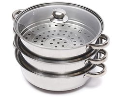 Drielaagse stoompan 28 cm van roestvrij staal met glazen deksel – Geschikt voor inductie, elektrische en halogeenfornuizen