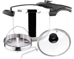 Drukpan RVS 6 Liter met Stoommandje en Glazen Deksel voor Alle Warmtebronnen