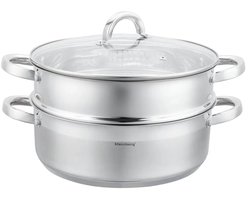 Klausberg - Stoompan - 3-delige RVS Stoomkookset - Stoominzet - Glazen Deksel - Inductie - Gas - Elektrisch - RVS - 6 Liters - 28 cm - Zilver