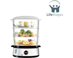 LifeStages - Stoomkoker - Roestvrijstalen Elektrische Stoomkoker - 3 Onafhankelijke Bakjes - Rijstkom en Eierhouders - 60 Minuten Timer - 800 Watt