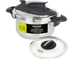 Snelkookpan 4,2 kwart / 4 liter - Roestvrijstalen kookpot met extra glazen deksel - Inductie en multifunctioneel