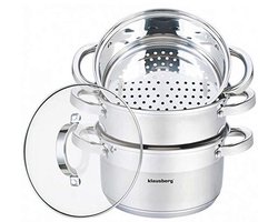 Stoomkoker 20 cm Set voor Inductie Koken - 5-Delige Stoompan met Glazen Deksel