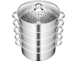 Stoompan met 5 etages - Stapelbare RVS Kookpan met Glazen Deksel en Siliconen Handgrepen
