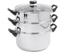Stoompan - Stoommandje - Stoofpan met Deksel - 3 Laags - Zilver met Zwart - Gezond