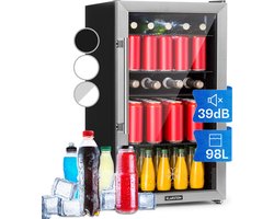 Klarstein mini koelkast met glazen deur, mini-koelkast voor kamers, drankkoelkast klein met verstelbare schappen, kleine koelkast 98 liter, indoor/outdoor koelkast stil