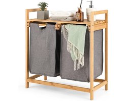 Bamboe Wasmand met 2 Vakken en Plank - Uittrekbare Wasverzamelaar voor Badkamer, Woonkamer en Slaapkamer