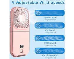 Inklapbare Handventilator met LED Scherm - Stille Mini Ventilator met 4 Windsnelheden en 3000 mAh - Draagbare Koeler voor Thuis en Buiten (Roze)
