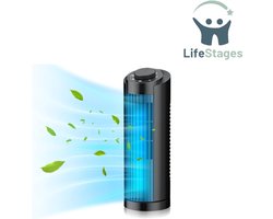 LifeStages - Torenventilator - Stille Torenventilator - 80° Oscillerende Ventilatoren - Snelkoelende Tafelventilator voor Kantoor, Thuis, Slaapkamer - Zwart