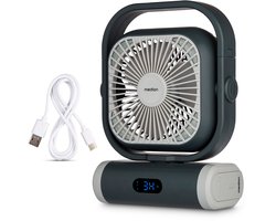 MEDION Ventilator E10 TF (batterij, kleine USB-mini ventilator met licht, afstandsbediening, 5 standen, oscillatie, haak om op te hangen, powerbankfunctie, ideaal voor kantoor camping tent), grijs