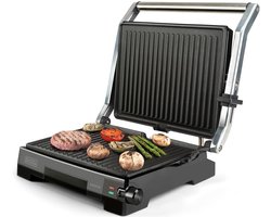 BLACK+DECKER BXGR2200E Grill - 2200W Contactgrill en Grillplaat - Kanteldeksel met 6 Standen - 180° Openklapbaar - 29x23 cm Antiaanbakplaat - PFOA-vrij - RVS Behuizing - Voor Panini, Vlees, Groenten en Vis