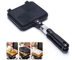 Deze sandwich-panini-toaster met antiaanbaklaag is geschikt voor alle kookplaten en kan zowel binnen als buiten in de keuken worden gebruikt.