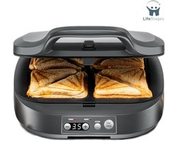 LifeStages - Croque Monsieur Toestel - Sandwich Maker ST 1800 - 4 XL Sandwiches - Antiaanbaklaag - 15-Minutentimer - Automatische Uitschakeling - Cool Touch-Behuizing - 1800 Watt - Leigrijs