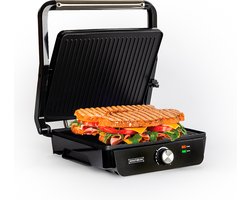 Royalty Line® PG7937 Tosti Apparaat XL Voor 4 Tosti's - Contactgrill - Groot Panini - Uitklapbaar - Grill Ijzer Met Antiaanbaklaag - 2000W - Instelbare Temperatuur - 29 x 24cm - Zwart/RVS