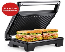 Royalty Line® PM1000 Tosti Apparaat Voor 2 Tosti's - 23 x 14.5 cm Grilloppervlak - Uitklapbaar - Contactgrill - 1000W - Panini - Grill Ijzer Met Antiaanbaklaag - Tosti Ijzer - Croque Monsieur Toestel - Zwart
