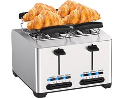 RVS Broodrooster - Toaster - 4 Sneden - Extra Brede Sleuven - 7 Warmteniveaus - 1500W - Gescheiden Dubbele Bediening - Ontdooifunctie