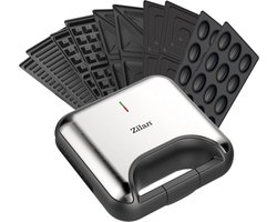 Zilan 5-in-1 Sandwich Maker (800 W) – Grill, Wafel, Panini & Nutty Platen – Non-stick Contactgrill Set – Zwart/Zilver