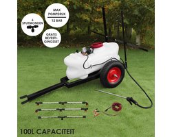 Sproeiwagen getrokken + aanhangwagen - 100 liter - 9 bar pompdruk - sproeistang met 6 sproeikoppen - onkruidsproeier druksproeier