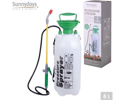 Sunnydays Plantenspuit met hoge druk sproeier en lange spuit - kunststof - 8 liter - wit/groen
