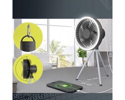 Buitenventilatorlamp - Statief om op te hangen en neer te zetten - 3-traps aanpassing - Met verlichtingstimer - 10000 mAh oplaadbaar - Laag geluidsniveau - Zwart - Geschikt voor kamperen