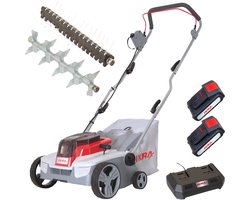 IKRA 3-in-1 accu-verticuteermachine en gazonbeluchter IAVL 2-2032, 32 cm werkbreedte, werkdiepte +3 tot -9 mm, 30l opvangzak, 2 x 20V (2,0 Ah) accu’s & snellader