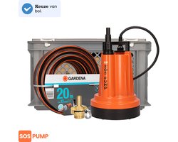 SOS PUMP GARDENA® – Noodpakket Wateroverlast – Plug & Play Dompelpomp Set – 5000 L/H – 2mm Vlakzuiger – 20m Gardena-Slang & Koppelstukken + Opbergbox – 290W – Rijkswaterstaat