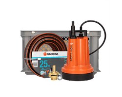 SOS PUMP ® SET Plug & Play Dompelpomp – Vlakzuigend tot 2 mm (5000 L/u) – Inclusief 25 m Gardena Tuinslang 3/4” (19 mm), Koppelstukken & Opbergbox – Dweilpomp – Vlakzuiger – Kelder – Wateroverlast