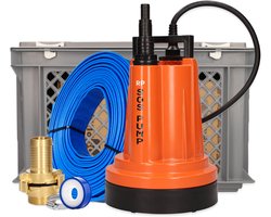SOS PUMP ® Plug & Play Dompelpomp – Vlakzuigend tot 2 mm – Inclusief Opbergkrat, 12,5 m Slang & Filterbox – Dweilpomp – Kelder – Wateroverlast