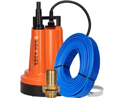 SOS PUMP ® SET Dompelpomp – Vlakzuigend tot 2 mm – Inclusief 12,5 m Waterslang 1 1/4” (32 mm), Snelkoppelingen & Terugslagklep – Dweilpomp – Vlakzuiger – Reservoirs – Wateroverlast