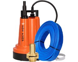 SOS PUMP ® SET Dompelpomp – Vlakzuigend tot 2 mm – Inclusief 12,5 m Waterslang 1” (25 mm), Snelkoppelingen & Terugslagklep – Dweilpomp – Vlakzuiger – Reservoirs – Wateroverlast