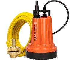 SOS PUMP ® SET Vlakzuigende Dompelpomp – Vlakzuigend tot 2 mm – Inclusief 25 m Tuinslang 1/2” (13 mm), Snelkoppelingen & Terugslagklep – Dweilpomp – Vlakzuiger – Kelder – Wateroverlast