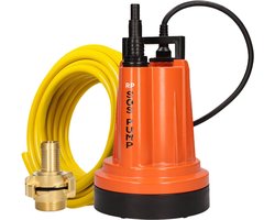 SOS PUMP ® SET Vlakzuigende Dompelpomp – Vlakzuigend tot 2 mm – Inclusief 25 m Tuinslang 3/4” (19 mm), Snelkoppelingen & Terugslagklep – Dweilpomp – Vlakzuiger – Kelder – Wateroverlast