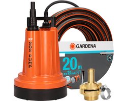 SOS PUMP ® – Vlakzuigende Aluminium Dompelpomp 290 W (5000 l/u) + Gardena Tuinslang 20 m 13 mm Comfort-Flex Tuinslang met Messing Koppelingen – Complete Set voor Zwembad, Kelder & Plat Dak