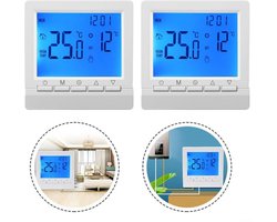 Twee programmeerbare digitale kamerthermostaten voor elektrische vloerverwarming met antivries- en geheugenfunctie (batterijen niet inbegrepen).