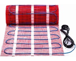 Warmtepunt S10 elektrische vloerverwarming (10 m2 - vermogen van 1.500 Watt) plus e-HEAT C16 Wifi Klokthermostaat. Afmetingen van de verwarmingsmat zijn 2.000 x 50 cm met een verwarmingskabel van 4 mm plus een Teflon isolatiemat