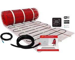 Warmtepunt S10 elektrische vloerverwarming (4,5 m2 - vermogen van 675 Watt) plus e-HEAT C16 Wifi Klokthermostaat. Afmetingen van de verwarmingsmat zijn 900 x 50 cm met een verwarmingskabel van 4 mm plus een Teflon isolatiemat