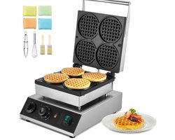 Belgisch wafelijzer - Professionele wafelmachine - Vermogen 1750 W - RVS - Antiaanbaklaag - Temperatuur- en tijdsregeling - Maakt 4 ronde wafels - Commercieel