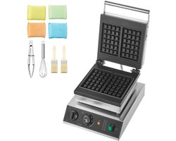 Commercieel Wafelijzer, 2-Delig, Rechthoekig, 2000 W, Roestvrij Staal met Antiaanbaklaag, Temperatuur- en Tijdregeling, Handvat, voor Restaurant, Bakkerij, Snackbar, Familie