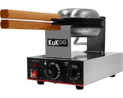 KuKoo Professionele Enkele Wafelijzer - Roterend - Anti-aanbak Ronde Bakplaten - Auto Temperatuur 50-250°C - Handmatige Timer 1-5 Minuten - GRATIS Serveertangen