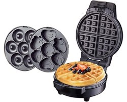 Mini Wafelijzer 600W - LED Indicatielamp - Anti-plak Coating - 3 Verschillende Verwijderbare Platen - Voor Wafels, Taarten & Donuts