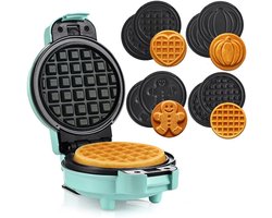 Mini Wafelijzer met Verwisselbare Platen - Pompoen, Peperkoek, Hart en Klassiek - Antiaanbaklaag voor Feestjes en Verjaardagen - Mintgroen