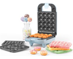 Petra Electric - 3 in 1 Wafelijzer (2 wafels), Donut maker (4 donuts) en Cake pop maker (16 cakepops) - Uitneembare en verwisselbare platen - Blauw