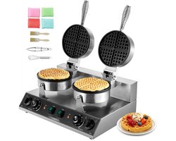 Professioneel Belgisch Wafelijzer - Dubbel Rond - 2460 W - Anti-aanbaklaag - Temperatuurregeling - Timer - RVS - Voor Horeca