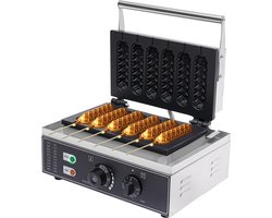 Professionele Wafelmaker 1500 W - 6 Vormen, Anti-aanbaklaag, Temperatuurregeling 50-300 °C, voor Hotdogs, Wafels, Corn Dogs, 5 Minuut-Timer