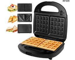 RFWR® 3-in-1 Sandwichmaker met Afneembare Platen - Wafelijzer en Grill Functie, 750 W, Zwart
