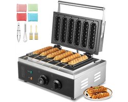 Wafelijzer voor maïshotdogs en hotdogs - Commercieel 6-vaks - Vermogen 1500 W - Antiaanbaklaag - RVS Behuizing - Instelbare Temperatuur en Timer