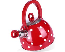 Fluitketel Edelstaal Rood met Stippen 1,5 l - Waterketel met Fluitje - Waterkoker
