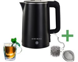 HomeEssence Waterkoker Zwart RVS 1.7L - Dubbelwandig & Snel - 2200W - Elektrisch - Stijlvol & BPA-vrij