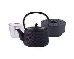 KINGHOFF - Gietijzeren Theeset met Theepot (0,8L), RVS Zeef en Warmhouder - Zwart