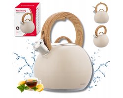 KLAUSBERG KB-7956 Fluitketel 3 L – Beige Mat – Houtlook Handgreep – RVS – Inductie – Met Fluit